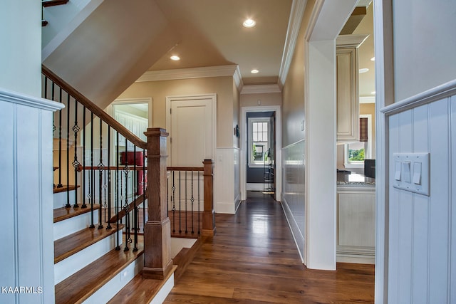 foyer with crown molding and dark hardwood / wood-style flooring