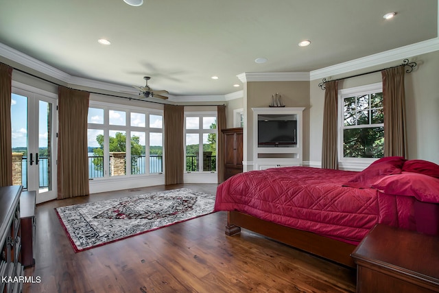 bedroom featuring ornamental molding, ceiling fan, dark hardwood / wood-style floors, and access to exterior