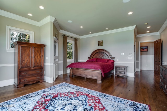 bedroom with multiple windows, crown molding, and dark hardwood / wood-style flooring