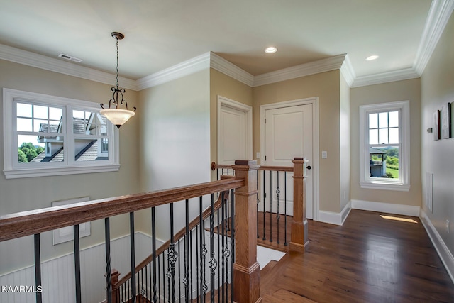 hall with dark hardwood / wood-style floors and crown molding