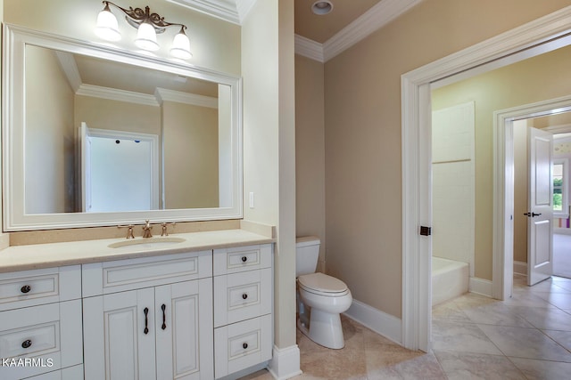 bathroom with vanity, crown molding, toilet, and tile patterned flooring