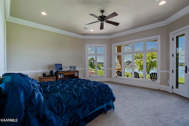 bedroom with ceiling fan, access to exterior, ornamental molding, and carpet