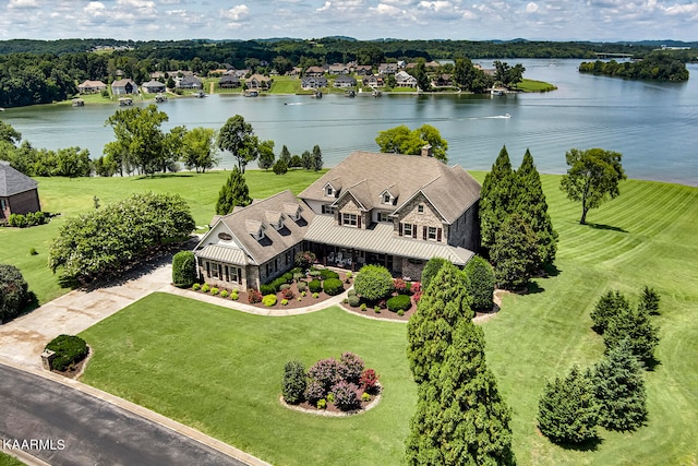 drone / aerial view featuring a water view