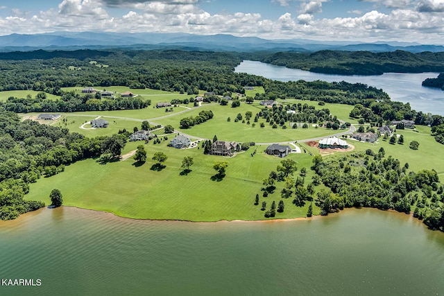 bird's eye view with a water and mountain view