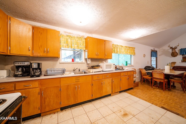 kitchen with vaulted ceiling, a textured ceiling, and plenty of natural light