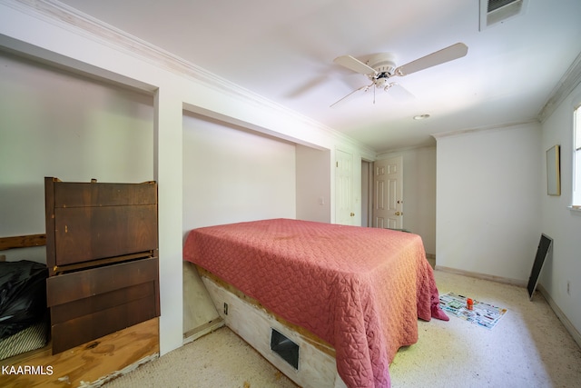 bedroom featuring ornamental molding and ceiling fan