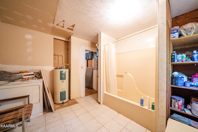 bathroom with tile flooring, shower / tub combo, a textured ceiling, and water heater