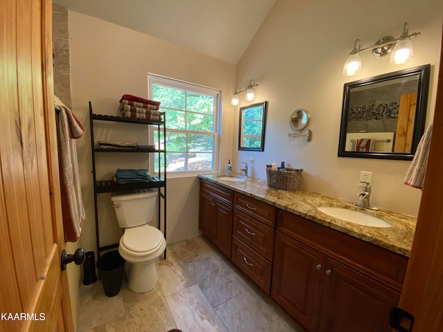 bathroom featuring toilet, vanity, and lofted ceiling