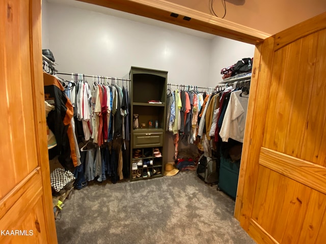 walk in closet with dark colored carpet