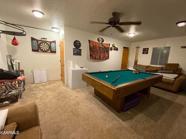 playroom featuring a textured ceiling, ceiling fan, light carpet, and billiards