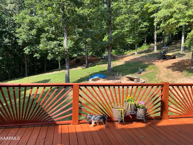 wooden deck featuring a yard