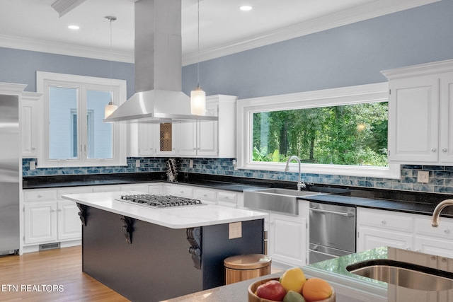 kitchen featuring sink, a center island, stainless steel appliances, hanging light fixtures, and island exhaust hood