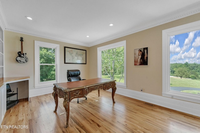 office featuring light hardwood / wood-style flooring and ornamental molding