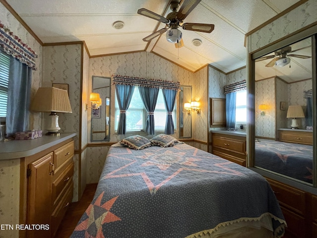 bedroom featuring ceiling fan, lofted ceiling, and multiple windows