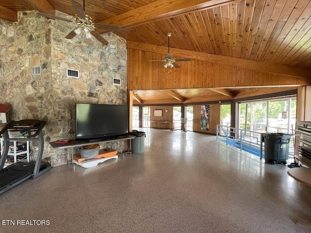 unfurnished living room with high vaulted ceiling, beamed ceiling, wooden walls, and wooden ceiling