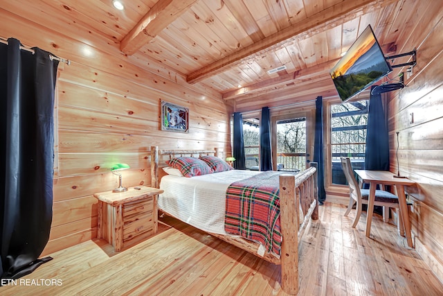 bedroom featuring wood walls, wood-type flooring, beamed ceiling, and wooden ceiling