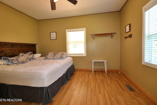 bedroom with ceiling fan and light wood-type flooring