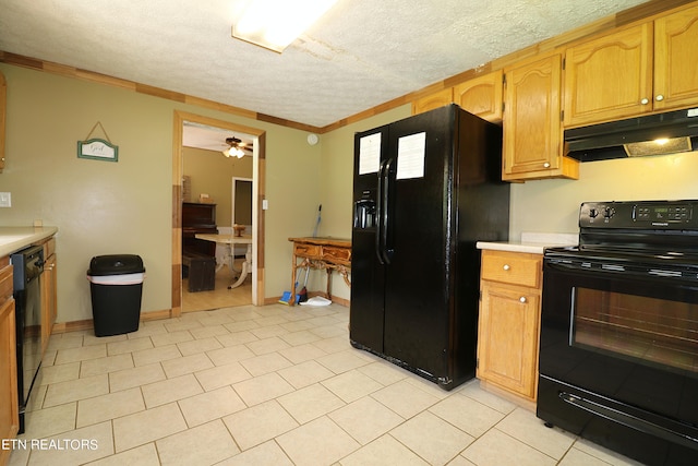 kitchen with ceiling fan, black appliances, light tile flooring, a textured ceiling, and ornamental molding