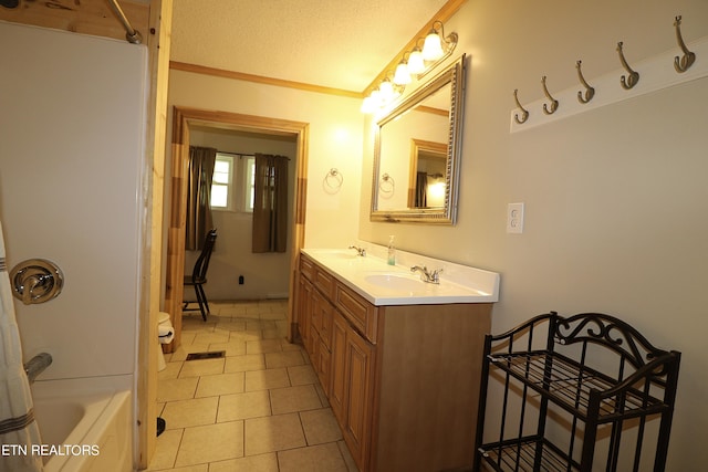 bathroom with double vanity, tile flooring, shower / bath combination, and crown molding