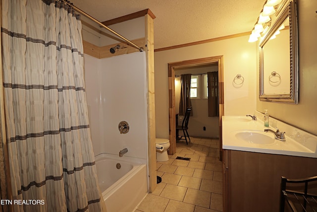 full bathroom with dual vanity, shower / bathtub combination with curtain, tile flooring, toilet, and crown molding