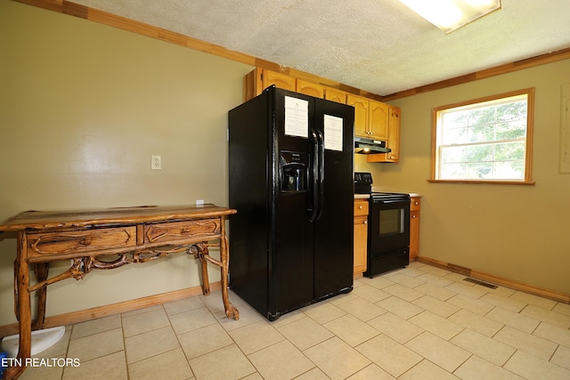 kitchen with light tile floors, a textured ceiling, black appliances, and ornamental molding