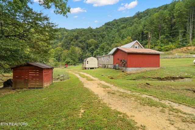 view of yard featuring a shed