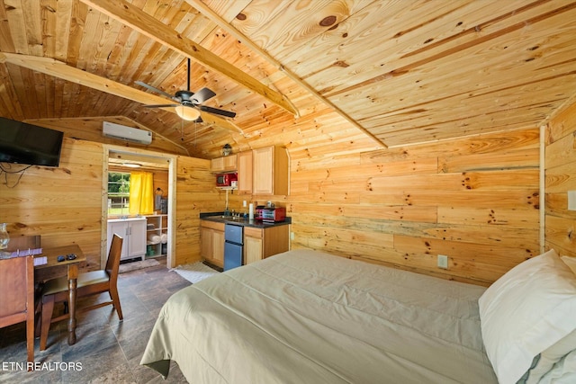 bedroom featuring wooden walls, refrigerator, wooden ceiling, lofted ceiling with beams, and a wall unit AC