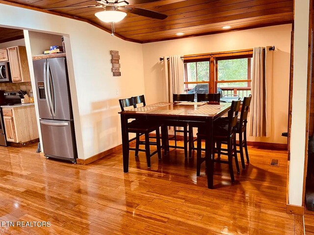 107 Dream Way, Sevierville, TN 37876 - dining room featuring ceiling fan, wooden ceiling, and light wood-type flooring