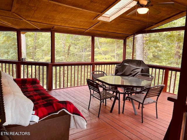 107 Dream Way, Sevierville, TN 37876 - sunroom with vaulted ceiling with skylight, ceiling fan, and wood ceiling