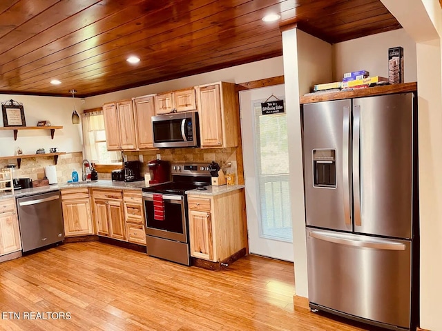 107 Dream Way, Sevierville, TN 37876 - kitchen with tasteful backsplash, wood ceiling, appliances with stainless steel finishes, and light wood-type flooring