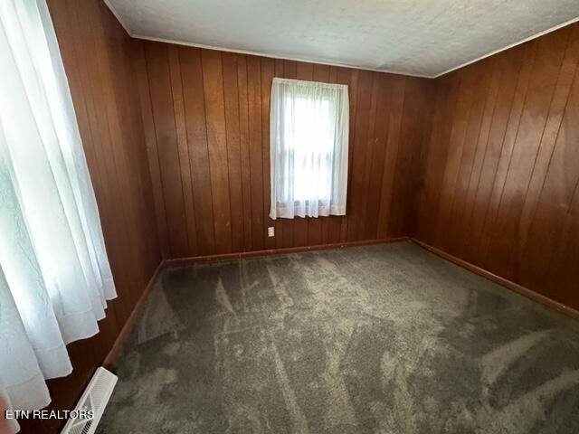 empty room with dark carpet and wood walls