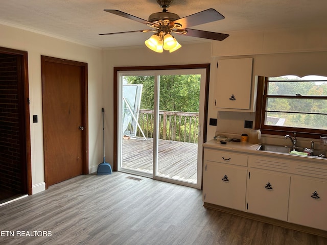 kitchen with white cabinets, ceiling fan, sink, and light wood-type flooring