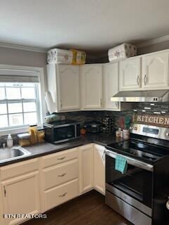 kitchen with appliances with stainless steel finishes, white cabinets, sink, crown molding, and dark hardwood / wood-style floors