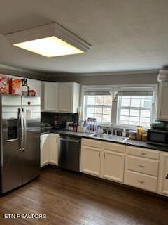 kitchen with dishwasher, dark hardwood / wood-style floors, stainless steel refrigerator with ice dispenser, white cabinets, and sink