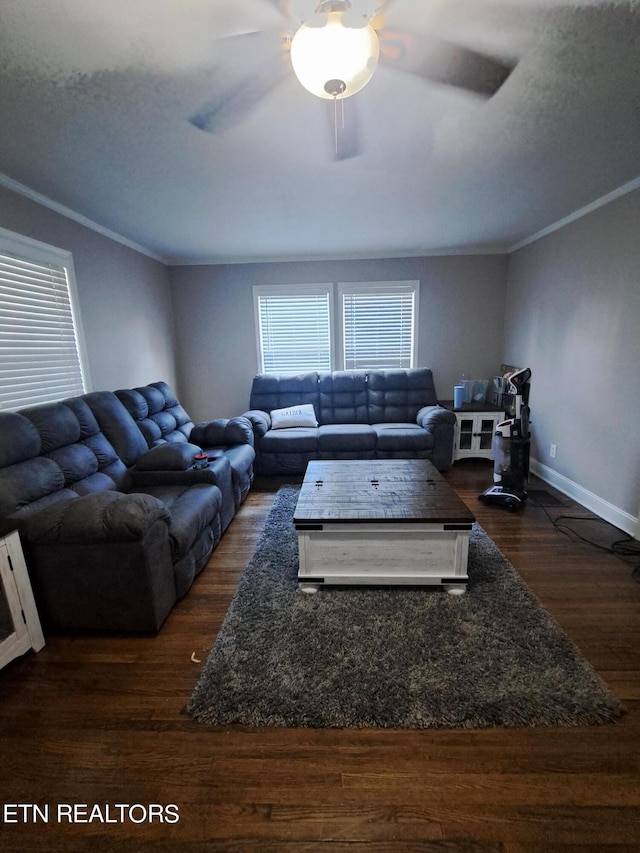 living room with ceiling fan, dark hardwood / wood-style flooring, and ornamental molding