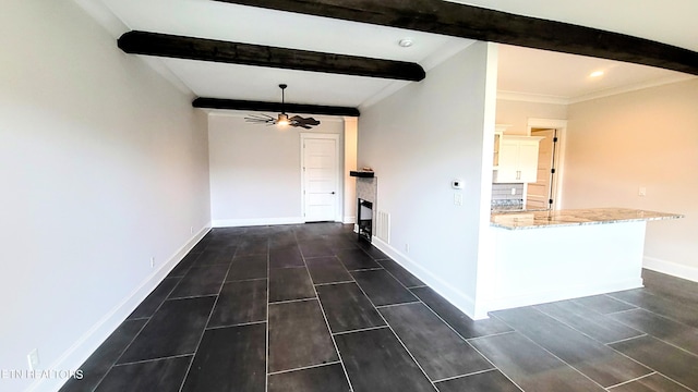 corridor featuring crown molding, wood tiled floor, baseboards, and beam ceiling