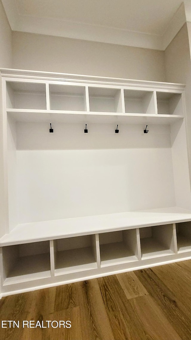 mudroom with dark wood finished floors