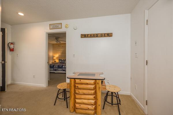 dining room with a textured ceiling, light colored carpet, and ceiling fan