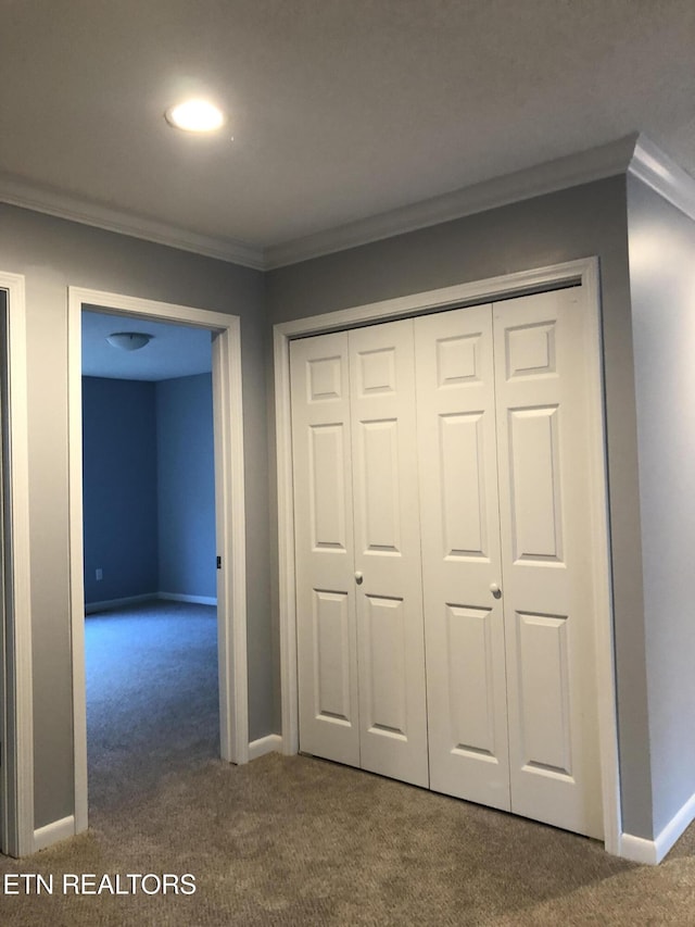 interior space with carpet flooring and crown molding