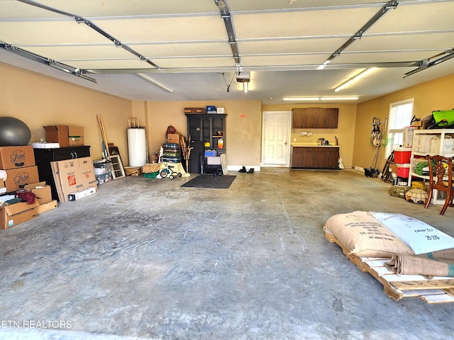 garage featuring a garage door opener and gas water heater