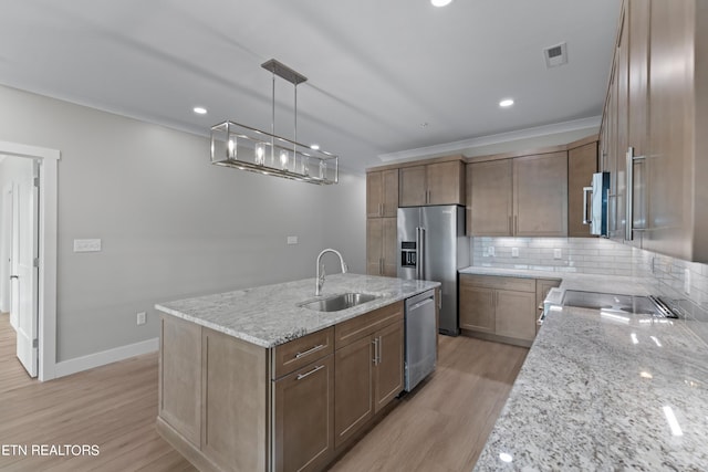 kitchen featuring a center island with sink, light hardwood / wood-style flooring, appliances with stainless steel finishes, sink, and tasteful backsplash