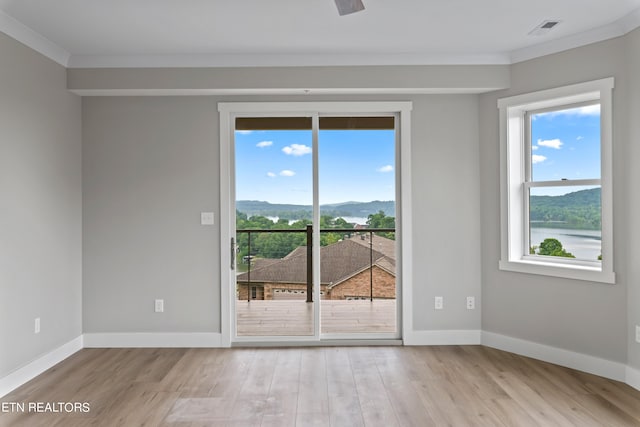 empty room featuring ornamental molding and light hardwood / wood-style flooring