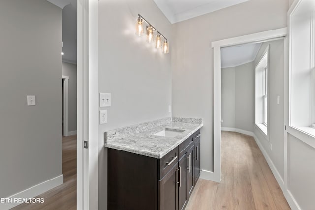 bathroom with ornamental molding, vanity, and wood-type flooring