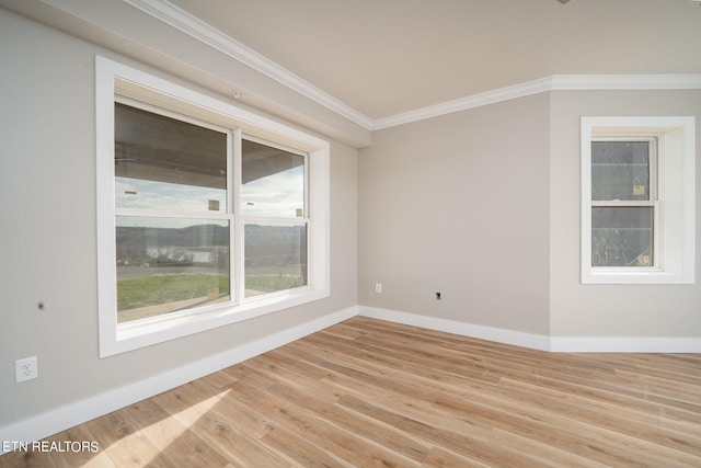 unfurnished room featuring ornamental molding and light hardwood / wood-style flooring