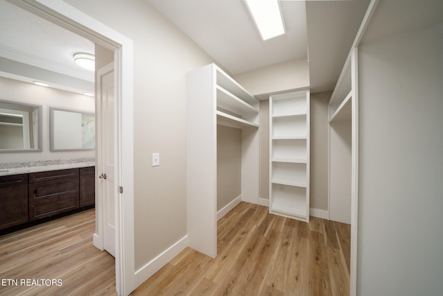 walk in closet with light hardwood / wood-style floors