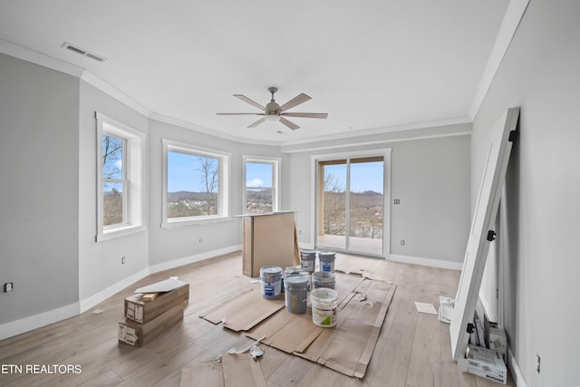 interior space featuring light hardwood / wood-style flooring and crown molding