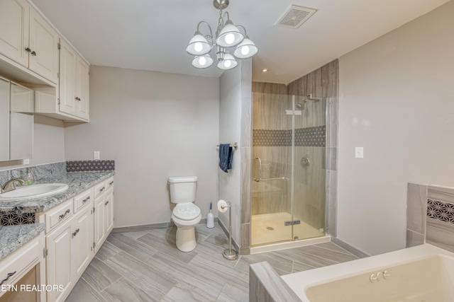 full bathroom with vanity, independent shower and bath, a notable chandelier, tile flooring, and toilet