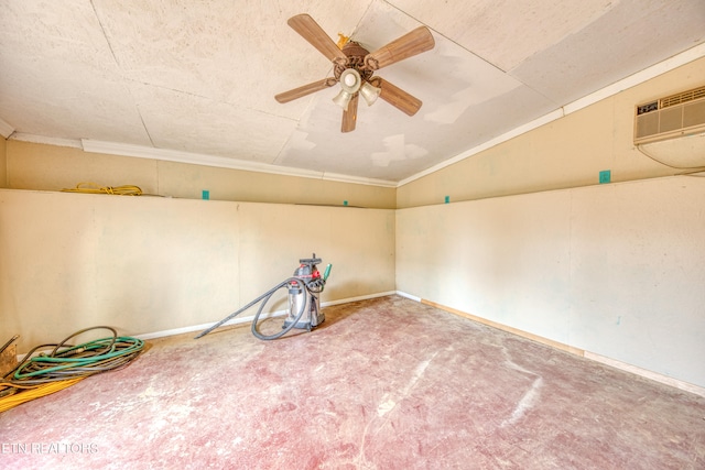 carpeted empty room featuring a wall mounted AC, vaulted ceiling, and ceiling fan