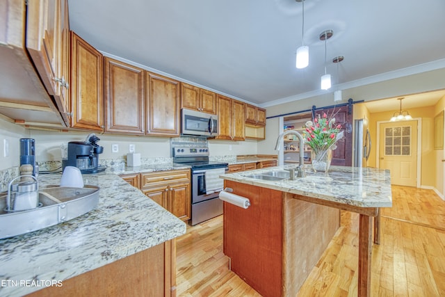 kitchen with a barn door, an island with sink, light hardwood / wood-style flooring, stainless steel appliances, and pendant lighting