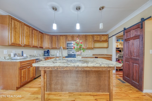 kitchen with hanging light fixtures, appliances with stainless steel finishes, light hardwood / wood-style flooring, a center island with sink, and a barn door